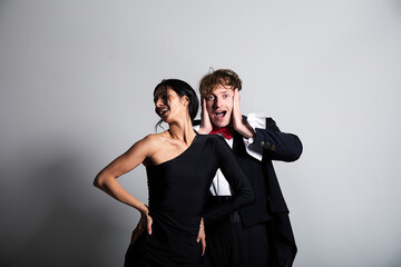 Elegant lovely couple. Couple in love. Black dress. Happy day. Elegant dress. Couple. 
