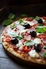 Pizza with ham, mozzarella cheese, cherry tomatoes, green and jalapeno pepper, black olives and fresh basil. Dark background. Close up.	