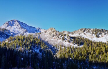 White Pine Lake views from trail mountain landscape towards Salt Lake Valley in Little Cottonwood Canyon, Wasatch Rocky mountain Range, Utah, United States. 