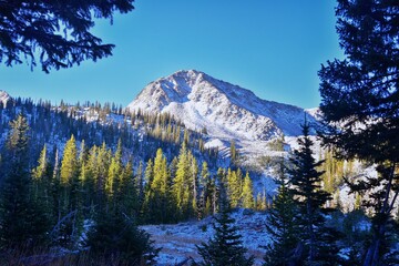White Pine Lake views from trail mountain landscape towards Salt Lake Valley in Little Cottonwood Canyon, Wasatch Rocky mountain Range, Utah, United States. 