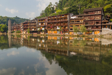 Riverside buildings in Fenghuang Ancient City, Hunan province, China