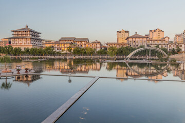 Stepping stones and footbridges crossing of Danghe river in Dunhuang, Gansu Province, China