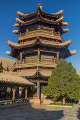 Pavilion at Crescent Moon Lake at Singing Sands Dune near Dunhuang, Gansu Province, China