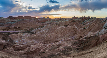 Sunrise view of rainbow mountains in Zhangye Danxia National Geopark, Gansu Province, China