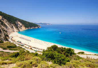 Fototapeta na wymiar Beautiful summer landscape of Mirtos beach on Cephalonia isle in Greece