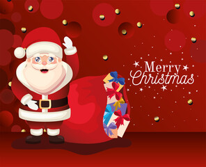 santa claus with merry christmas lettering and bag