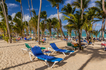 PUNTA CANA, DOMINICAN REPUBLIC - DECEMBER 8, 2018: Palms at Bavaro beach, Dominican Republic