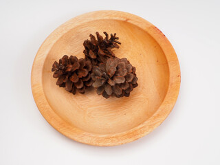 Group of pine cone on a wooden plate, shoot on white isolated background