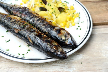 Grilled Mackerel fish on a white plate. Fatty, oily fish is an excellent and healthy source of DHA and EPA, which are two key types of omega-3 acid.