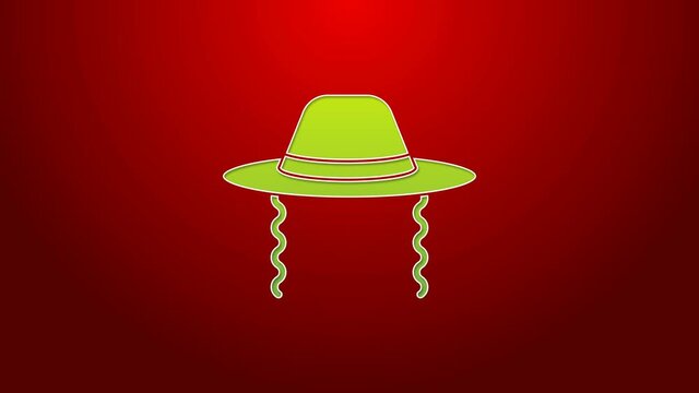 Green line Orthodox jewish hat with sidelocks icon isolated on red background. Jewish men in the traditional clothing. Judaism symbols. 4K Video motion graphic animation