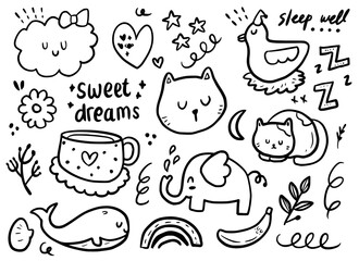 Set of cute sticker sleeping cat, clouds and animal doodle drawing collection