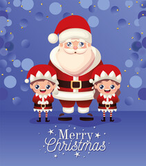 santa claus and two elfs with merry christmas lettering