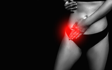 Naklejka premium Woman touching stomach painful suffering from stomachache causes of menstruation period, gastric ulcer, appendicitis or gastrointestinal system disease. 