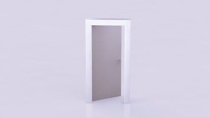 3D render. Half-open door in empty white studio room.