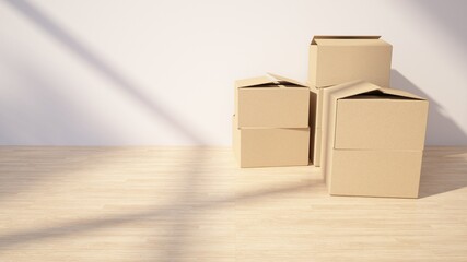 3D Render cardboard boxes for moving in modern house living room