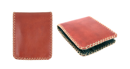 Hand made leather whit seam wallet isolated on white background