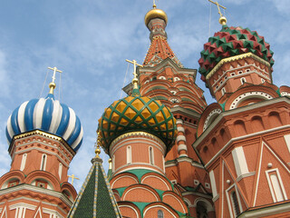 Fototapeta na wymiar Close-up of several of the domes of Saint Basil's Cathedral in Red Square, Moscow