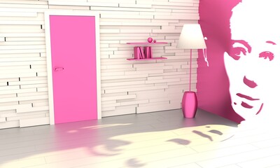 Empty room with sunlight shining through woman head shaped window. 3D rendering.
