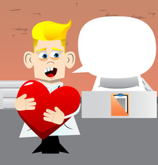 Funny cartoon character, doctor hugging big red heart. Vector illustration. Expressing love.