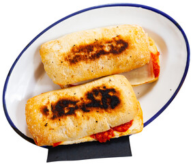 Homemade hot crispy sandwich with chorizo and cheese. Isolated over white background