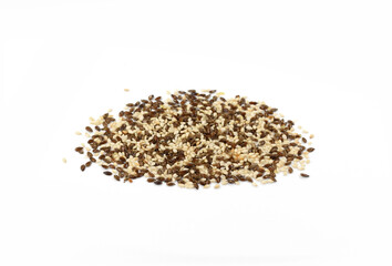 sesame and Organic Linseed or Flaxseed (Linum usitatissimum) isolated on white background.