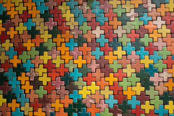 Multi-colored plus-sign jigsaw puzzles arranged in various shapes.