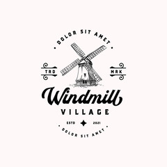 Old dutch type wind mill hand drawn vintage logotype template