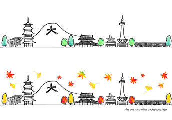 Fototapeta premium 秋の京都の観光地の街並みシンプル線画セット