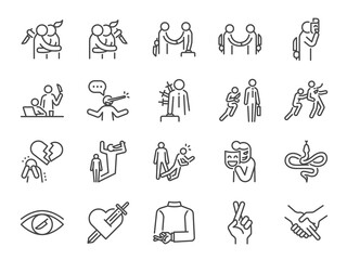 Betray line icon set. Included icons as betrayal, betrayer, bad deal, Perfidy, Revenge, fake, bad deal, business, black company, liar  and more.