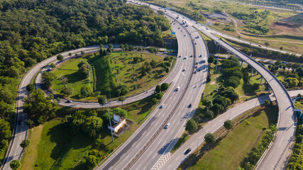 Aerial view of elevated higway with multiple exit and junctions on an urban city area