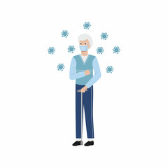 An elderly man has a coronavirus. An old man against a background of viruses. Vector flat character.