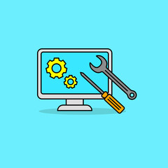 Monitor with wrench, screwdriver and gear suitable for computer repairing concept vector illustration. Linear color style of computer repairing icon