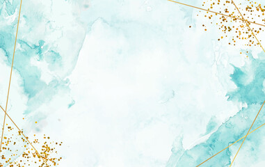 Hand painted watercolor splash background with gold line and sparkle