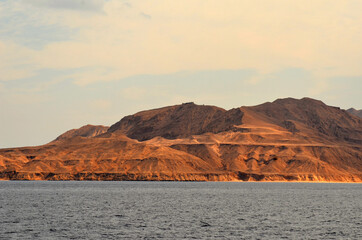 View of Tiran island. Saudi Arabia. From Red Sea, Sharm el Sheikh, Sinai, Egypt.
