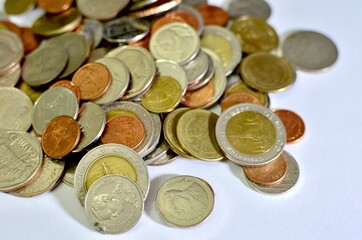 Thai coins on white background different colors