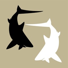logo, icon, design of two sharks in black and white