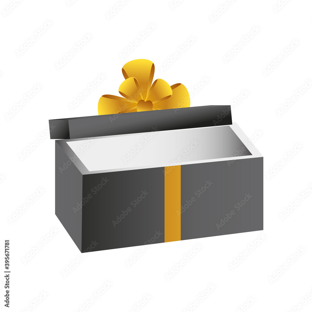 Sticker boxing day, open gift box with golden ribbon christmas seasonal offer