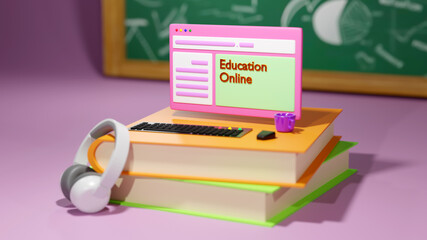 3D Rendering of closeup computer set on books that represents education online concept. Learning through the internet.