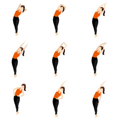 Standing cross legged side lean yoga asanas set / Illustration stylized woman practicing side stretch, legs crossed
