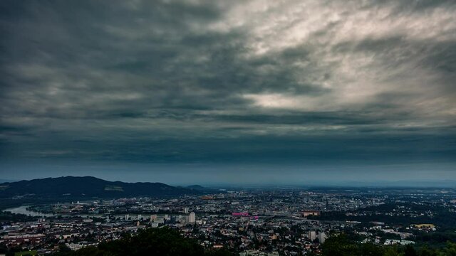 timelapse sunset in the city, upper austria in Linz, vest linz