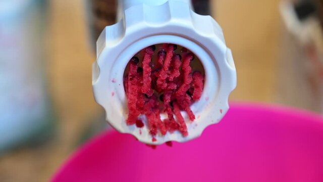 Focus on cranberry food processer with blurred background of young children helping to cook