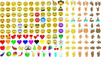 Set with 170 emojis, pack with faces, hands and fruits