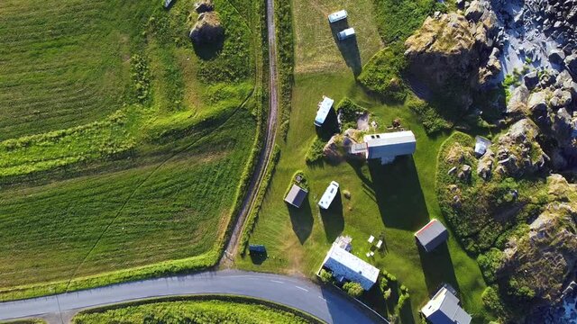 Hov Camping white sand beach and green areas, Lofoten, Norway, aerial