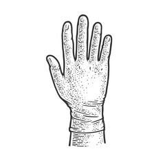 Hand in medical glove sketch engraving vector illustration. T-shirt apparel print design. Scratch board imitation. Black and white hand drawn image.