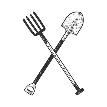 Crossed farm pitchfork and shovel sketch engraving vector illustration. T-shirt apparel print design. Scratch board imitation. Black and white hand drawn image.