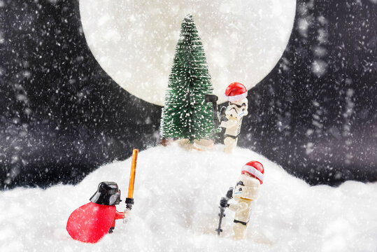 Bangkok, Thailand - November, 24, 2020 : Lego Star Wars skis to cut pine and use it for Christmas on a snowy background at Bangkok, Thailand.Christmas concept