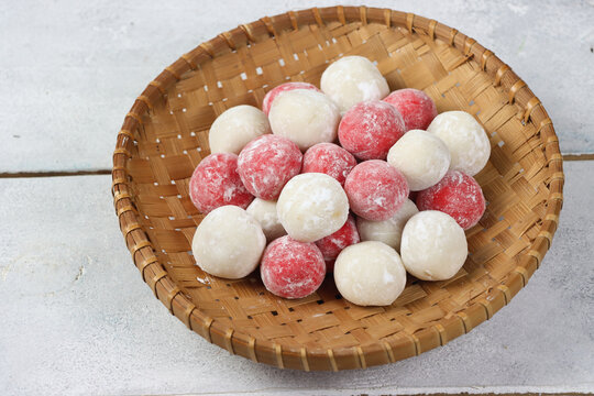 Moci merah putih. Red and White Mochi or moci cake. One of traditional snack from Indonesia. Made from glutinous rice flour with sugar and roasted peanut filling.