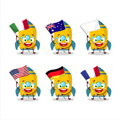 Yellow rocket firecracker cartoon character bring the flags of various countries