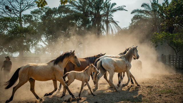Familia de caballos corriendo en un corral.