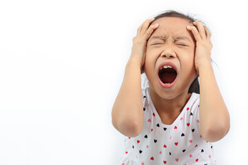 Frustrated Little Asian girl screaming with both hands holding his head isolated on white background.
